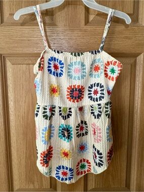 Yozy High/Low  Spaghetti Strap Top in Cream w/ Multicolor Medallions Large  EUC